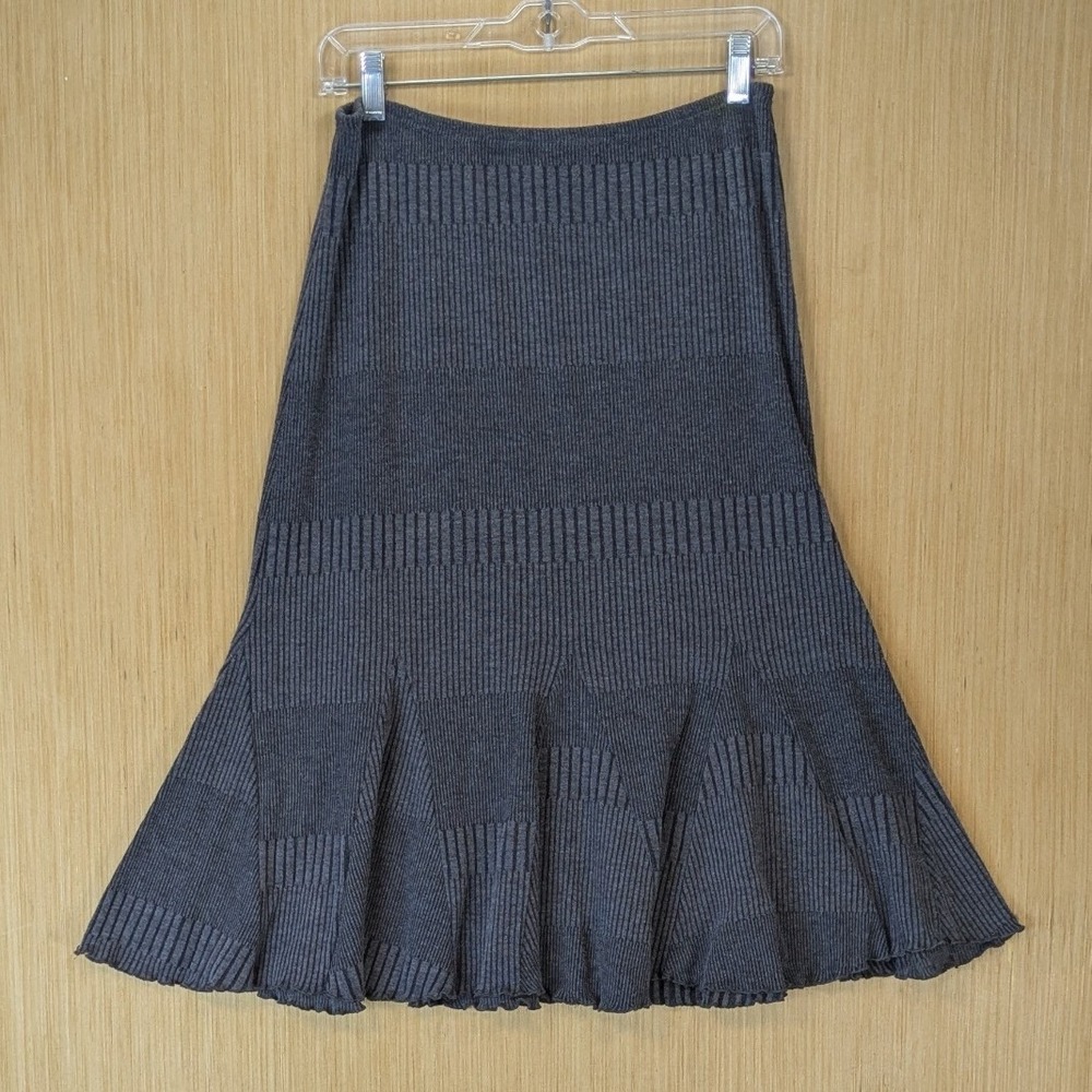 Preppy Dark Academia Fall Ribbed Knit A-Line Skirt Size S Charcoal Flounce Hem